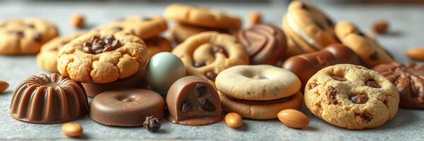 Cookies and chocolates arranged on a baking tray ready for enjoyment in a cozy kitchen setting photo