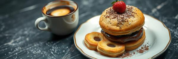 Delicious stack of pancakes with coffee and fresh strawberry on a marble table photo