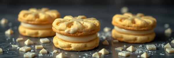 Delicious homemade cookies with creamy filling and white chocolate pieces on a dark surface photo
