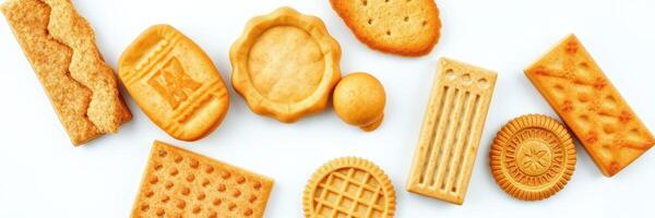 Variety of traditional baked cookies arranged on a white background with unique shapes and textures photo