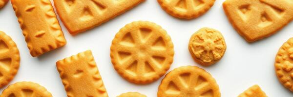 Various decorative cookies displayed on a light background showcasing intricate shapes and textures photo