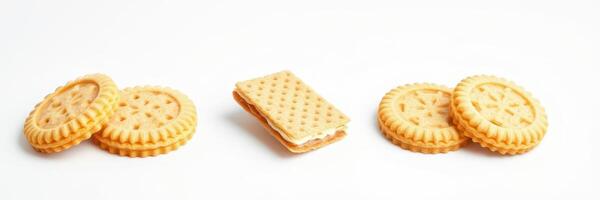 Sweet and crunchy biscuits arranged on a white background showcasing different shapes and textures photo
