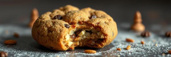 Freshly baked chocolate chip cookie with a bite taken out, sitting on a dark surface photo