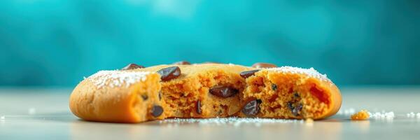 Delicious chocolate chip cookie with powdered sugar on a wooden table against a vibrant blue background photo
