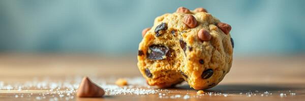 Deliciously baked cookie with chocolate chips and a bite taken out on a rustic wooden surface photo