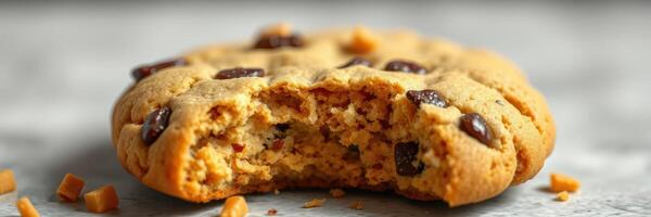 Delicious chocolate chip cookie with a bite taken, showcasing its soft texture and chocolate chunks photo