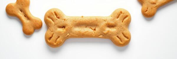 Homemade dog treats shaped like bones on a plain white background ready for pets to enjoy photo
