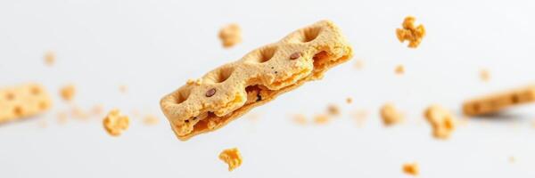 Crumbly snack flying in the air with scattered bits around it in a bright setting photo
