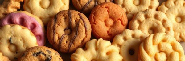 Colorful assortment of baked cookies displayed on a white surface during a festive gathering photo