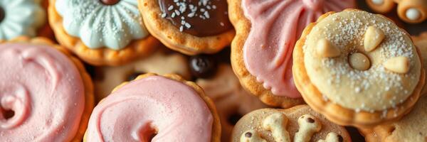 Assorted colorful cookies arranged on a tray showcasing various icing designs and textures in a cozy setting photo