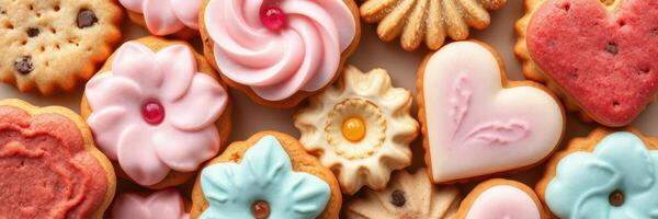 Colorful decorated cookies displayed on a light surface showcasing various shapes and designs for a festive treat photo