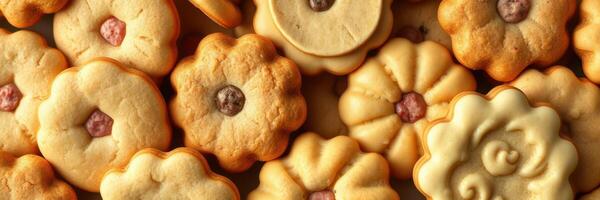 Freshly baked cookies with decorative shapes and colorful centers arranged on a tray photo