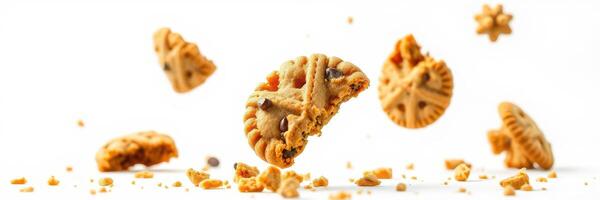 Chocolate chip cookies floating with crumbs around them in a whimsical arrangement photo