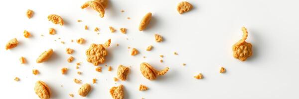 Crumbled cookie pieces scattered on a white surface, showcasing texture and detail for culinary inspiration photo