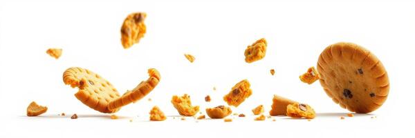 Cookies in mid-air exploding into pieces, captured in a creative food photography style photo