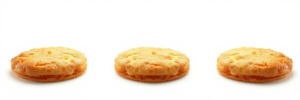 Three round golden cookies arranged in a row on a plain background inviting dessert lovers to indulge in a sweet treat photo