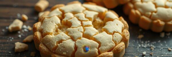 horneado postre vitrinas agrietado superficie con azul caramelo en rústico de madera mesa foto