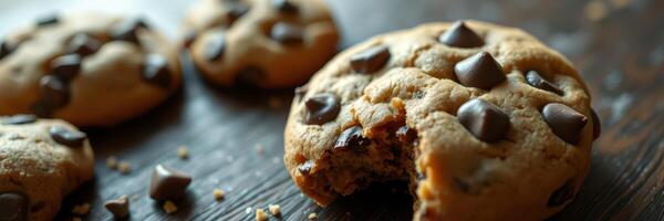 Delicious chocolate chip cookies freshly baked on a wooden table with a bite taken from one cookie photo