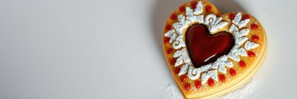 Heart-shaped cookie decorated with icing and jam on a plain background photo