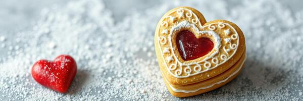 Heart-shaped cookies with raspberry filling and decorative icing on a textured surface with powdered sugar photo