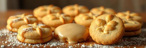 Delicious freshly baked cookies arranged on a wooden surface with creamy frosting and powdered sugar photo