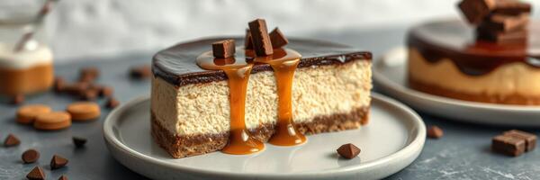 Delicious dessert display featuring rich cheesecake with caramel sauce and chocolate garnishes in an elegant setting photo