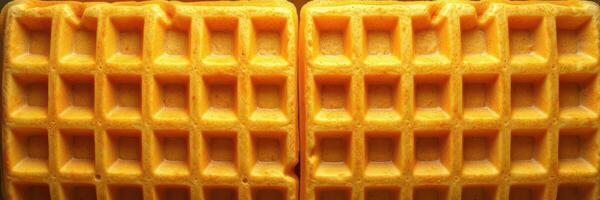 Freshly cooked golden waffles placed side by side on a wooden surface ready to be served with toppings photo