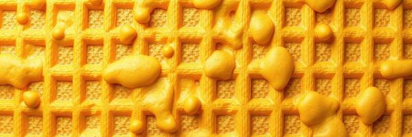 Waffle texture with dripping cheese sauce highlighting a delicious snack time option photo