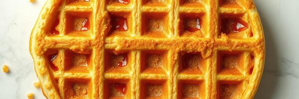 Golden waffle topped with syrup on a clean surface, showcasing breakfast delight in a cozy kitchen atmosphere photo