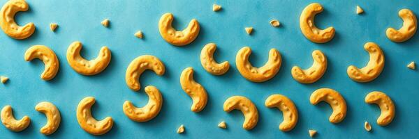Various crescent-shaped snacks arranged artistically on a vibrant blue background photo