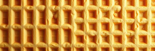 Detailed view of a freshly made waffle showcasing its grid pattern and golden texture at breakfast time photo