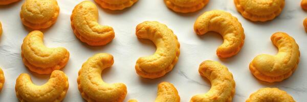 Unique crescent-shaped pastries arranged neatly on a baking sheet ready for baking photo
