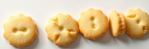 Different shapes of homemade cookies arranged in a row on a white surface photo