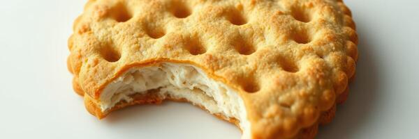 Delicious dessert with a bite taken out, showcasing creamy filling and golden-brown cookie texture photo