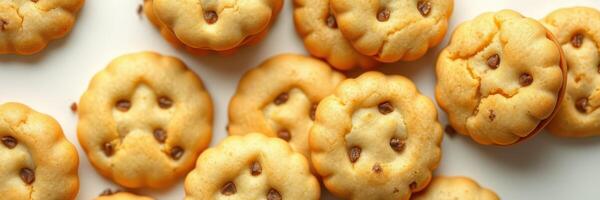 Freshly baked cookies with chocolate chips arranged on a plate in soft natural light at a cozy kitchen setting photo