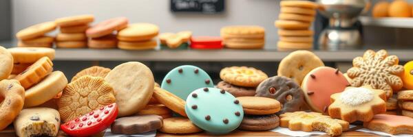 Delicious assortment of colorful cookies displayed on a wooden table in a cozy bakery setting photo