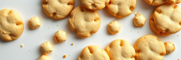 Cookies arranged on a tray with bite-sized pieces scattered around in a bright kitchen setting photo