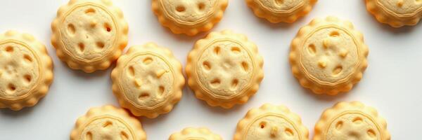 Traditional cookies arranged on a white background, showcasing their intricate design and golden color photo