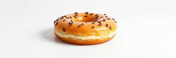 Freshly glazed donut with chocolate sprinkles served on a plain background in a bright setting photo