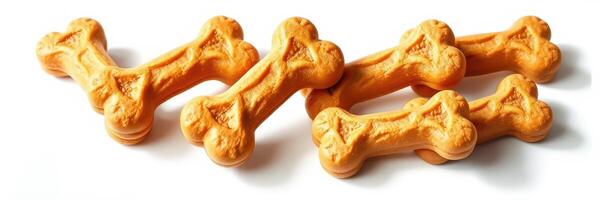Dog treats shaped like bones arranged on a white background for pet enjoyment and health photo
