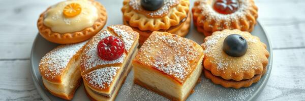 Delicious assortment of baked goods arranged on a plate ready for dessert lovers at a cafe photo