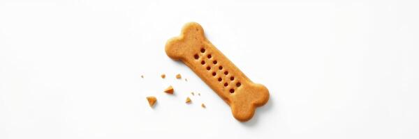 Crunchy dog treat shaped like a bone on a white background with small crumbs scattered nearby photo
