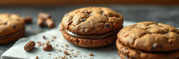 Delicious chocolate chip cookies filled with creamy chocolate spread on a marble surface photo