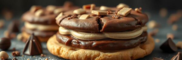 Deliciously layered chocolate cookies with creamy filling and chocolate chunks on a dark background photo