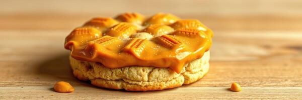 Delicious dessert with creamy peanut butter topping on biscuit cookie served on a wooden surface photo