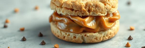 Homemade biscuit sandwich filled with creamy caramel spread surrounded by chocolate chips photo