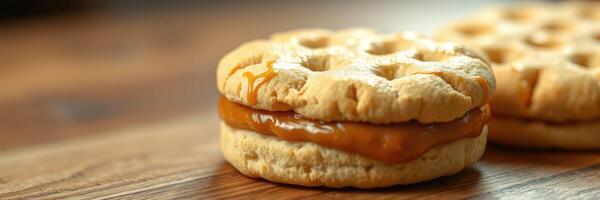 Delicious cookies filled with creamy caramel on a wooden surface photo
