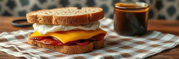 Delicious breakfast sandwich with egg, cheese, and bacon served with coffee on a checkered napkin photo