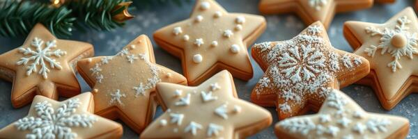 Festively decorated star-shaped cookies arranged on a table with holiday flair during the winter season photo