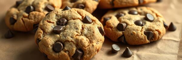 Homemade chocolate chip cookies cooling on parchment paper in a cozy kitchen setting photo